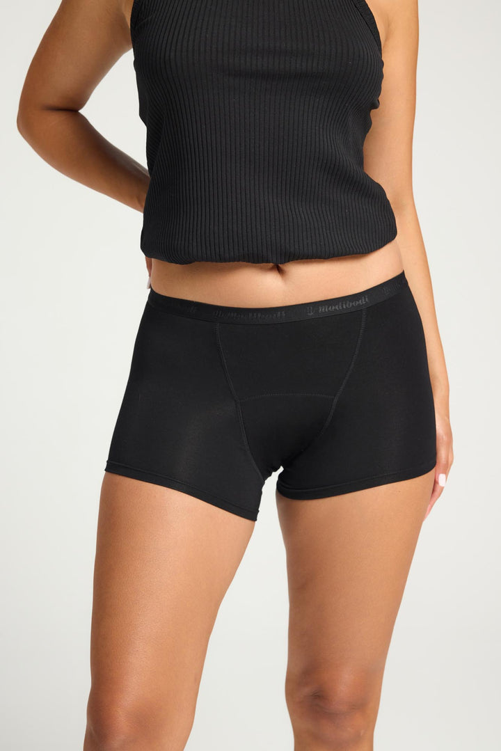 Modibodi Classic Boyshort, Super absorbency, Black, Close up