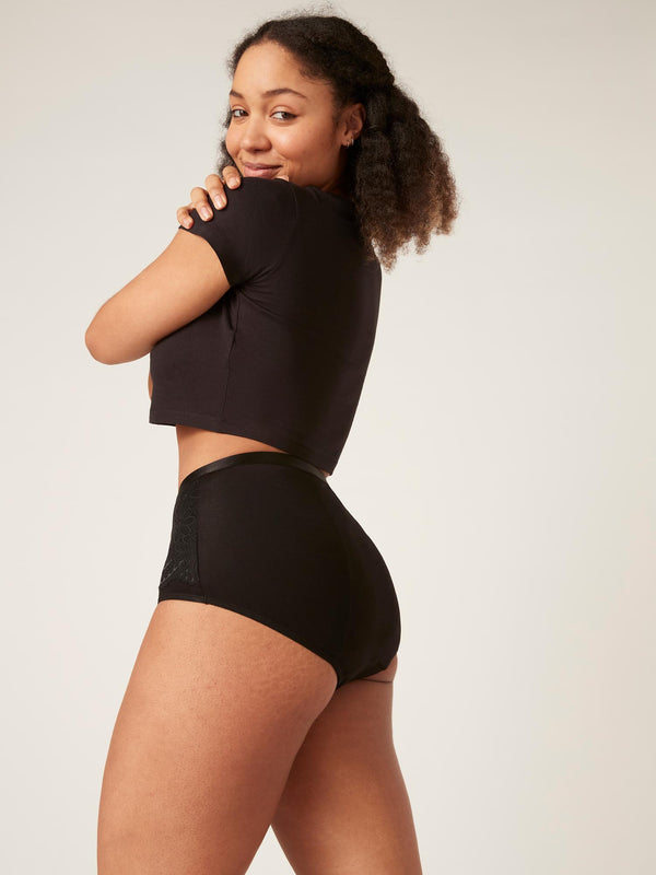 Modibodi sensual hi waist bikini, ultra incontinence absorbency period underwear. Manage incontinence discreetly and comfortably in our Sensual Hi-Waist Brief. Our most absorbent style ever,. Side view.