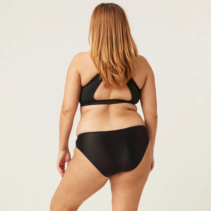 Modibodi Period Bikini Swimwear, black. The perfect pair to keep you protected from light periods & leaks both in and out of the water. Back View.