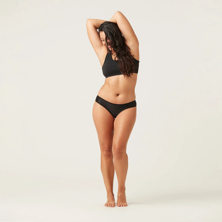 Modibodi Period Bikini Swimwear, black. The perfect pair to keep you protected from light periods & leaks both in and out of the water. Front View.