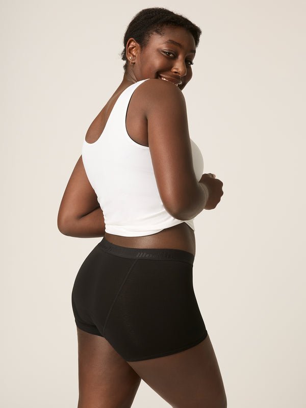 Back view Modibodi teen hipster boyshort, maxi absorbency period underwear, black. Maxi absorbency for heavy periods to overnight wear.